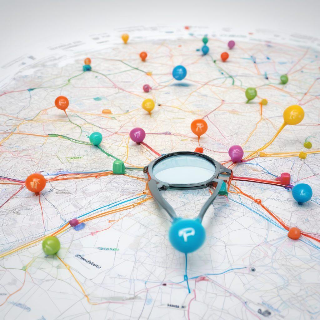 A digital map representing the blogosphere, filled with interconnected nodes and pathways symbolizing various blogs and content strategies. Include elements like a magnifying glass focusing on analytical data, vibrant graphs, and icons of success like trophies or lightbulbs. The overall aesthetic should convey a sense of exploration and mastery in the digital realm. super-realistic. vibrant colors. 3D.