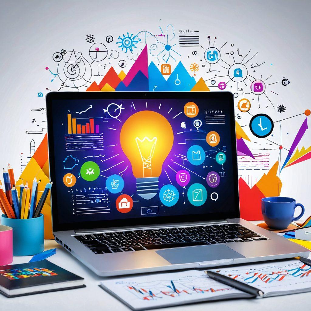 A collage of a laptop with text analyzing graphs and charts, surrounded by vibrant icons representing creativity and strategy like a lightbulb, magnifying glass, and a quill. The background shows a digital landscape combining books and data visualizations. The overall theme is about transforming words into visual wonders. super-realistic. vibrant colors. 3D.